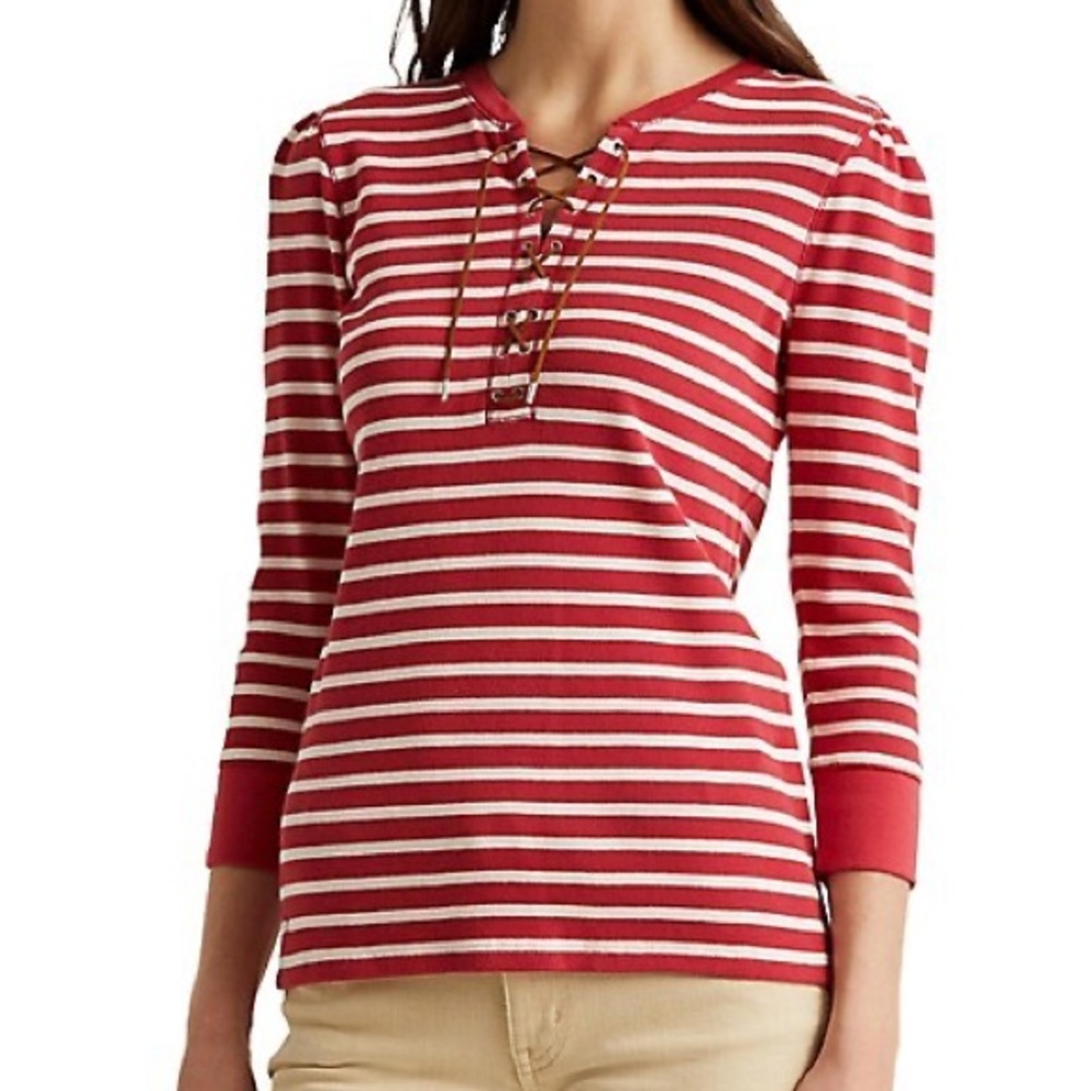 NWT Lauren Ralph Lauren Lace Up Waffle Henley Red White Thermal